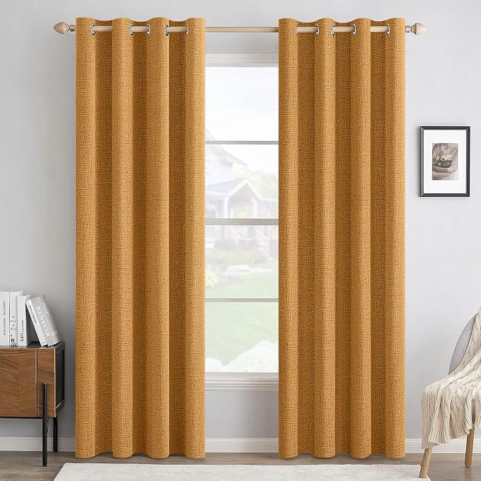 MIULEE 100% Blackout Linen Textured Curtains for Bedroom Solid Thermal Insulated Mustard Yellow Grommet Room Darkening Curtains & Drapes Luxury Decor for Living Room 52 x 90 Inch (2 Panels)