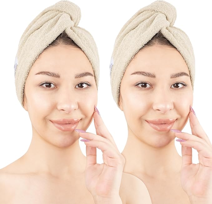 American Soft Linen 100% Cotton Hair Towels for Women, Head Towel Cap, Cotton Hair Turban Towel Wrap for Long Curly Anti Frizz Hair, Soft and Absorbent Cotton Hair Towels 2 Pack, Beige