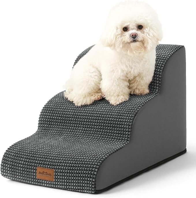COZY KISS Wide Dog Stairs for Small Dog 15.7" H, Pet Step for Puppy, Older Cat, Curved Ramp for Couch, Durable Anti-Slip Ladder with High Density Foam, 3 Step, 17.7x22.4x15.7 inch, Charcoal Grey