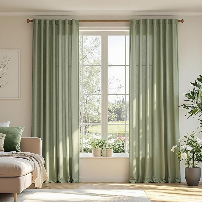 MYSKY HOME French Door Curtains for Closet Doorways, 72 Inches Long Sage Green Semi Sheer Drapes Light Filtering Curtain Panels Elegant Look for Classroom/Guestroom Windows, 50" x 72", 2 PCs