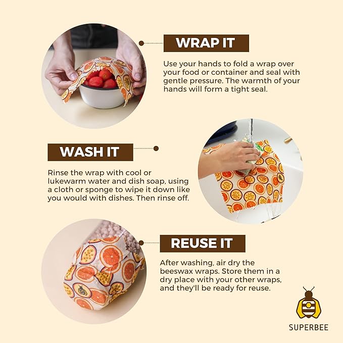 SUPERBEE Beeswax Wrap for Food, Set of 3 Bees Wax Wraps, Reusable for Wrapping Vegetables, Cheese Paper, Bowl Covers and Sandwich Wrapping Paper, Beeswax Food Wrap (Jungle)