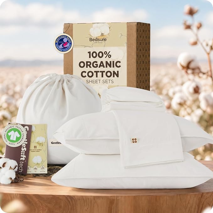 Bedsure 100% GOTS Certified Organic Cotton Sheets, California King Sheet Sets, 17" Deep Pocket Bedsheets with Corner Straps, Eco-Friendly, Soft & Luxury PureWoven Cotton Hotel Bedding, 4PCS, White