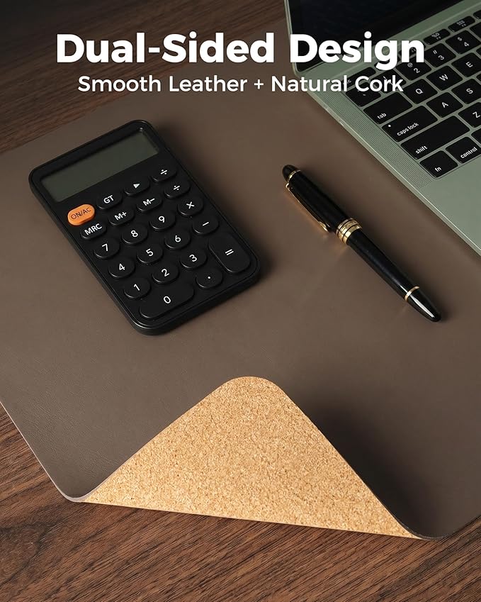 Aothia Cork Desk Mat - Dual-Sided Extra Large Desk Pad & Keyboard Mat, Long PU Leather Desk Protector, Waterproof Desktop Blotter (47" x 17", Coffee)