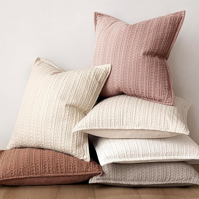 Foindtower Set of 2 Decorative Cotton Waffle Weave Throw Pillow Covers Euro Shams Cushion Covers Accent European Pillowcase for Bed Couch Sofa Bedroom Living Room Home Decor 20×20 Inch Dusty Pink