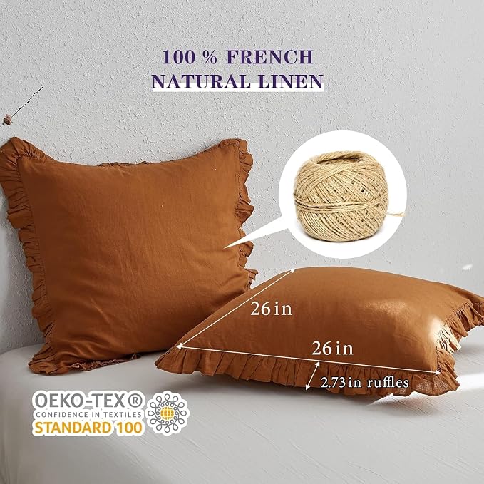 Simple&Opulence 100% Linen Euro Sham Covers with Ruffle, 26x26 Inch Pillow Covers Set of 2, Euro Pillow Shams for Bed Couch French Home Decor Luxury and Breathable Square Pillow Cases, Rust