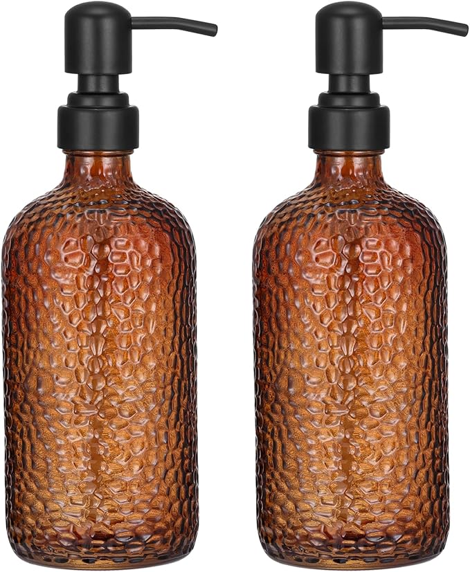 2-Pack Dimpled Finish Amber Glass Soap Dispensers with Matte Black Stainless Steel Pumps, 16 oz Refillable Bottles for Kitchen & Bathroom (Amber Dimpled Finish-Black Pump)