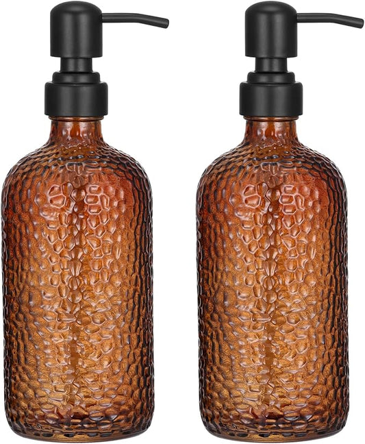 2-Pack Dimpled Finish Amber Glass Soap Dispensers with Matte Black Stainless Steel Pumps, 16 oz Refillable Bottles for Kitchen & Bathroom (Amber Dimpled Finish-Black Pump)
