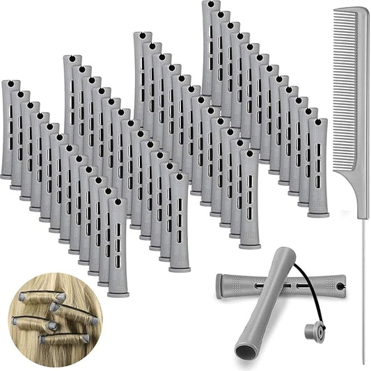 48 Pieces Hair Perm Rods Short Cold Wave Rods Plastic Perming Irons Hair Curling Rollers Curlers with Steel Pintail Comb Rat Tail Comb for Hairdressing Styling Supplies(0.59 Inch,Gray)