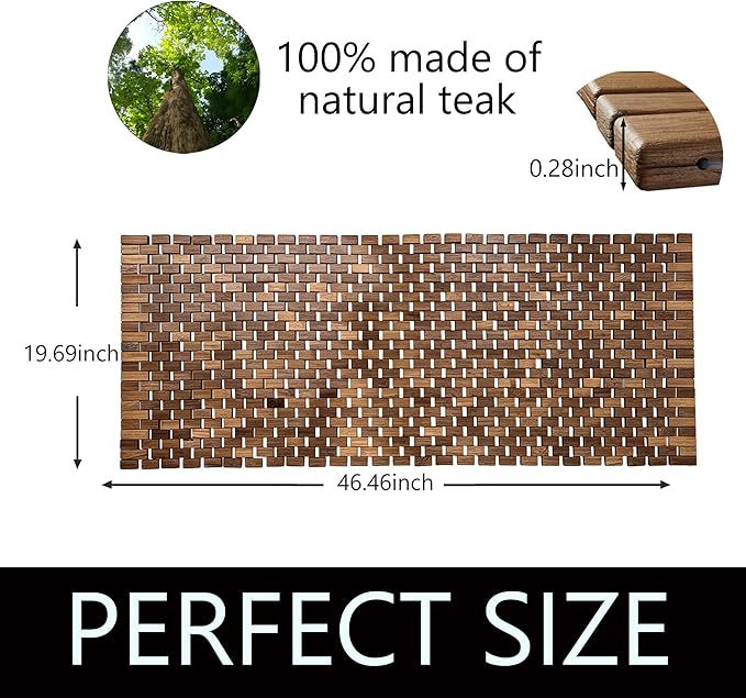 47"x20" Non-Slip Shower Mat for Bathroom, Teak Wood Bath Mat, Large Quick-Dry Floor Mats for Bathtub or Spa, Outdoor