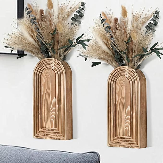 Set of 2 Wooden Wall Vases with Dried Pampas Grass & Eucalyptus, Boho Farmhouse Decor for Living Room, Entryway, Bathroom, Rustic Home Art(Brown)