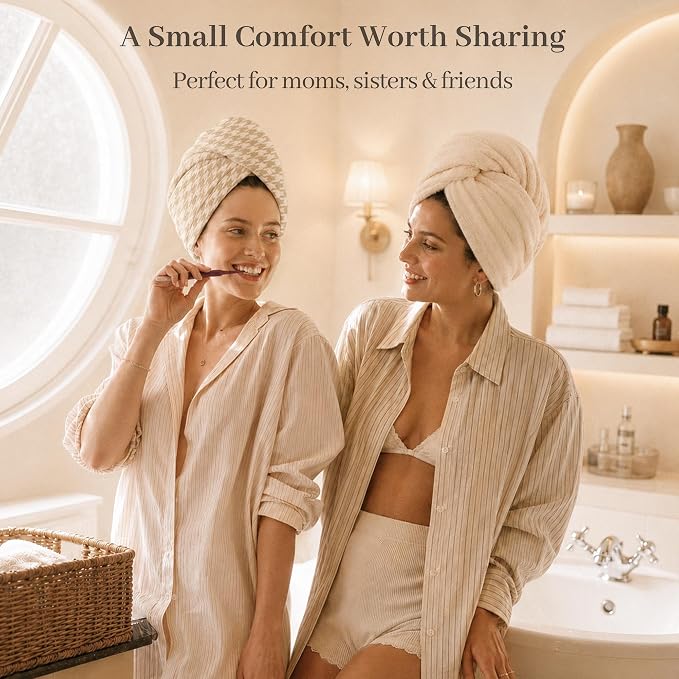 ROLSHOL Cotton Hair Towel Wrap for Women, 2 Pack 100% Cotton Hair Drying Towels for Long, Thick & Curly Hair, 32" x 11" Large Hair Turban for Wet Hair with Elastic Band (Apricot)
