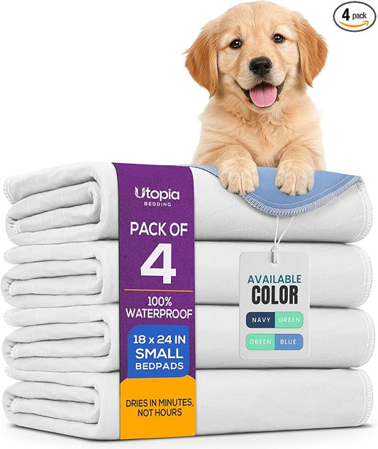Utopia Bedding Washable Pee Pads for Dogs 18" x 24" (Pack of 4), Waterproof Incontinence Bed Pads for Adults, Elderly and Kids, Heavy Absorbency Pet Training Pads for Sofa and Couch (White, Blue)
