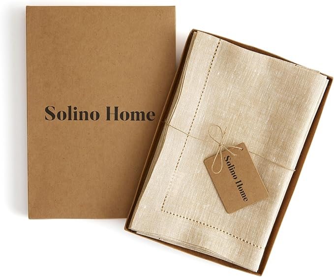 Solino Home Linen Napkins Set of 4 - Hemstitch 100% Pure Linen Champagne Beige Dinner Napkins Cloth 20 x 20 Inch for Summer - Milan, Handcrafted and Machine Washable