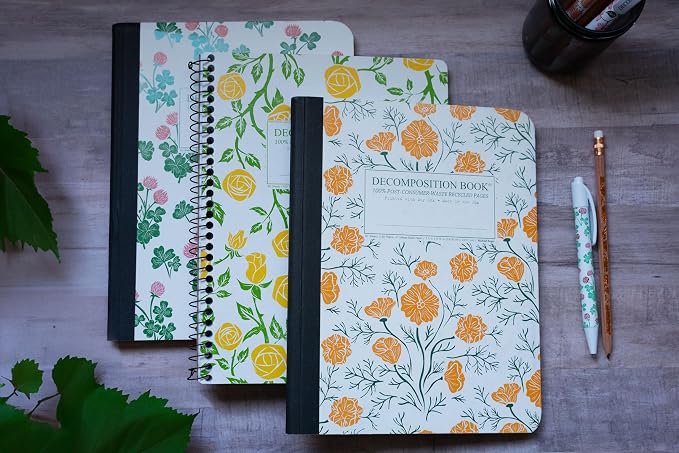 Decomposition 3-Pack Floral College Ruled Notebook - 9.75 x 7.5 Journal, 160 Lined Pages - 100% Recycled Paper - Notebooks for School Supplies, Home & Office - Made in USA
