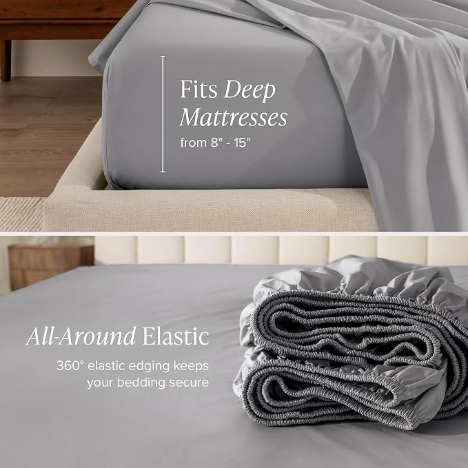 Bare Home 100% Organic Cotton Split King Sheet Set - Crisp Percale Weave - Lightweight & Breathable - Bedding Sheets & Pillowcases (Split King, Light Grey)