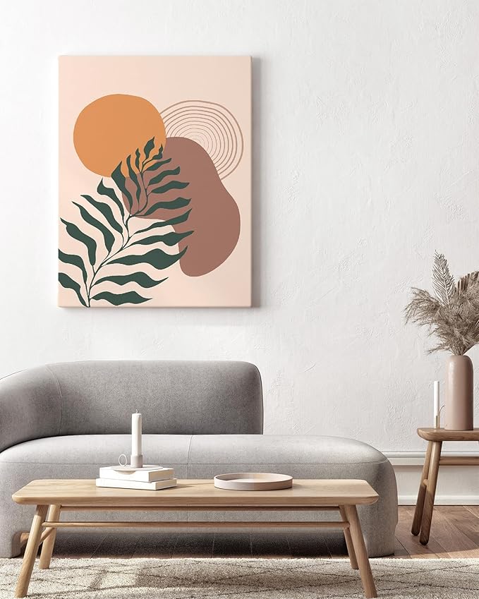 Boho Monstera Leaf Wrapped Canvas Wall Art Abstract Sun Earth Tones Terracotta 24x36 Inch Gallery Stretched Mid Century Modern Home Art Decor