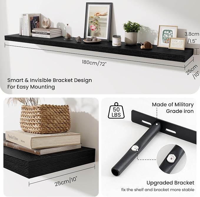 Fun Memories 72 Inch Fireplace Mantel Shelf, 10 Inch Deep Shelves for Display & Wall Storage, Rustic Wood Wall Shelf, Extra Long Floating Shelves for Living Room Laundry Room, Black, Set of 1