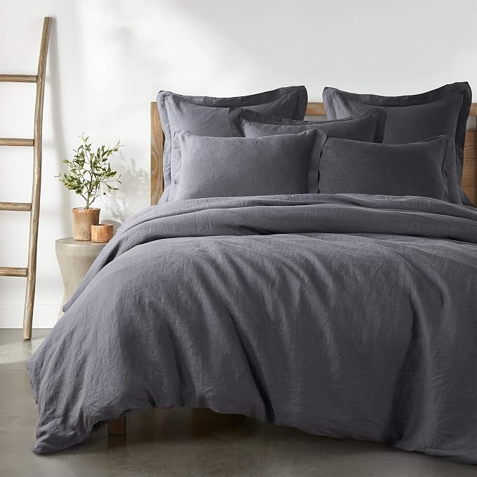 Levtex Home - 100% French Flax Linen - Full/Queen Duvet Cover - French Flax Washed Linen - Charcoal - Duvet Cover Size (90x94in.)
