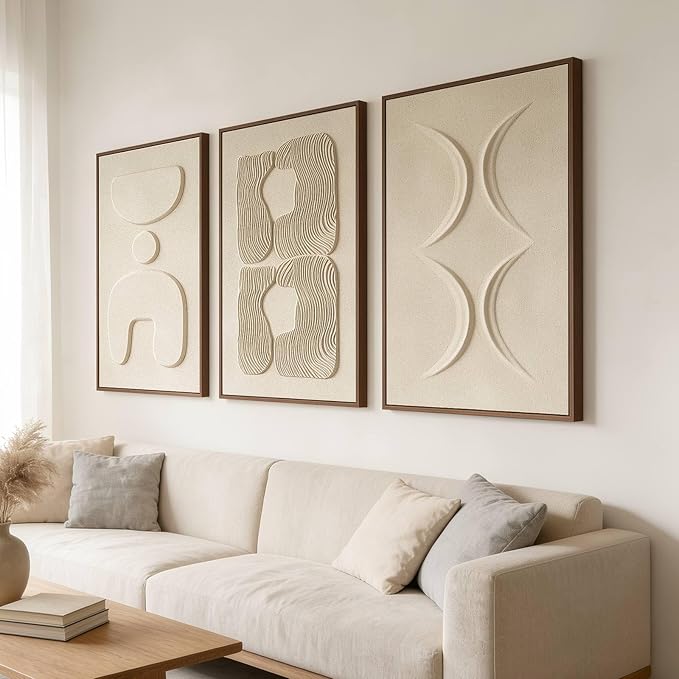 Large 3D Textured Wall Art for Living Room, Set of 3 Wabi Sabi Abstract Sandstone Relief Artwork with Solid Catalpa Wood Frame, Minimalist Triptych Pictures for Hallway Entryway, Sand Beige, 16x24 In