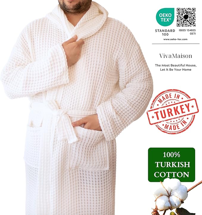 Unisex Hooded Waffle Robe for Women & Men 100% Turkish Cotton | Quick-Dry Bathrobe | Cozy Housecoat for Lounging