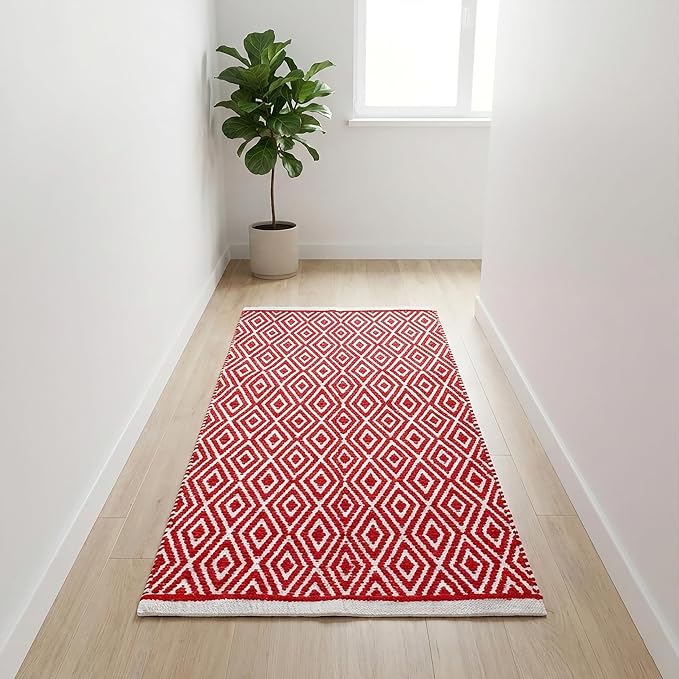 Chenille Cotton Diamond Runner Rug 2x5 Feet - Red, Reversible Washable Soft Floor Runners Ideal for Kitchen, Hallway, Bedroom, Bathroom | Farmhouse Boho Indoor Use Rugs for Patio Décor