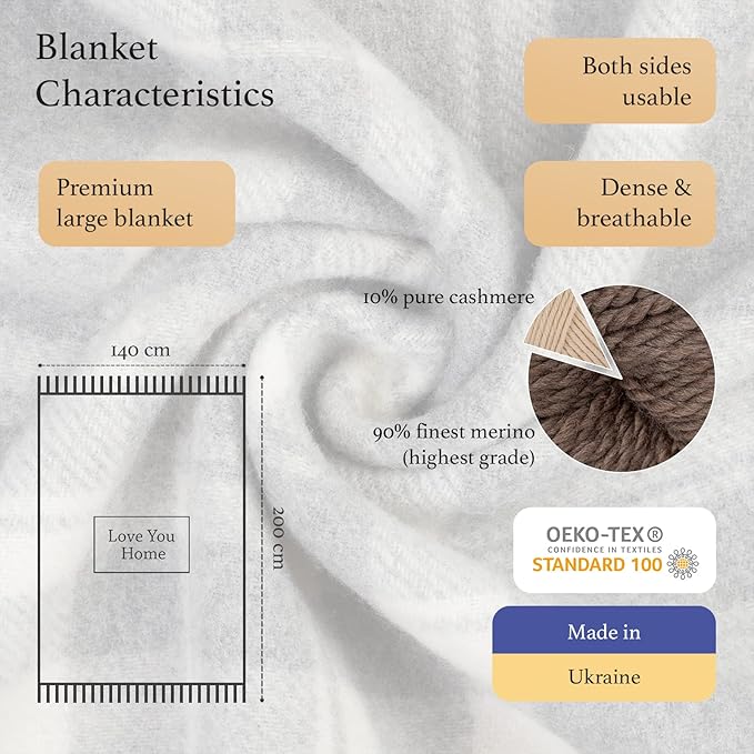 LYHome Cashmere Blanket with Merino - Luxury Wool Throw Soft Cozy and Warm, Decorative Throws Couch Bed Sofa, Warmest Blankets for Travel Camping & Cold Weather (55x79 | Grey with White Tartan)