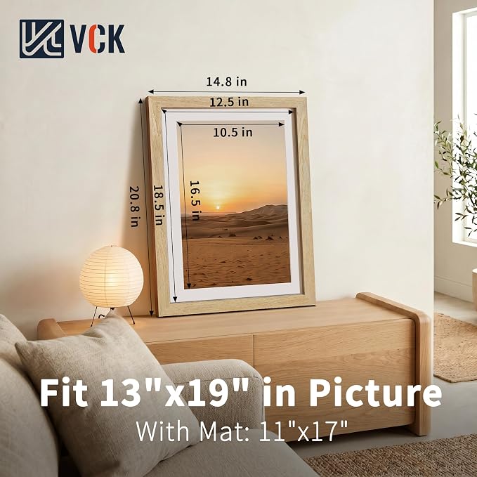 VCK 13x19 Picture Frames Natural - 3 Pack, Wide Border Solid Wood, Tempered Glass, Display 11x17 Photo with Mat or 13 x 19 Without, for Home, Office, Gallery, Woodgrain Series, Wall Hanging