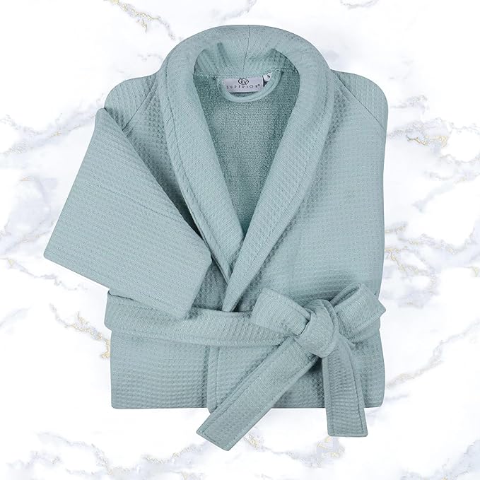 Superior Waffle Weave Cotton Unisex Bathrobe with Belt, Soft and Absorbent Robe for Men and Women Bath Essentials Robes