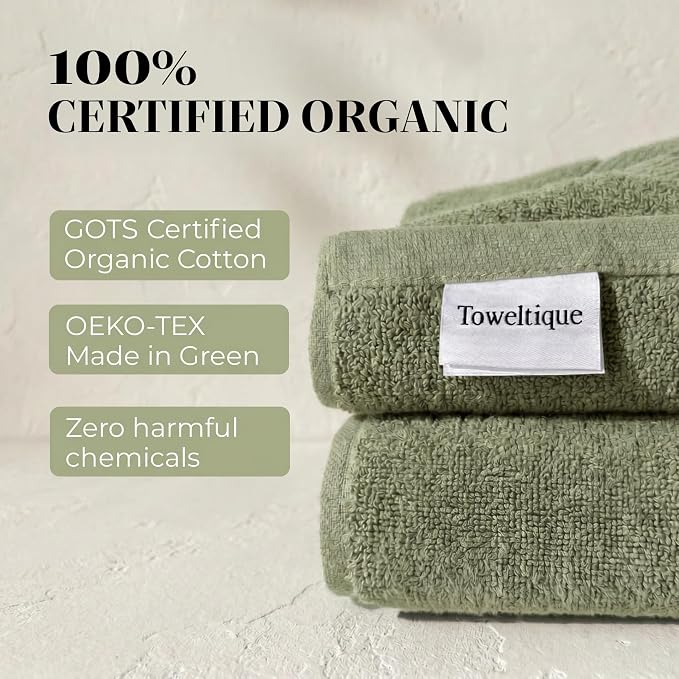 6 Piece Organic Cotton Luxury Bath Towel Set, 700 GSM Plush Long-Staple Bath Hand Wash Bundle, Soft Absorbent Quick-Dry Bathroom Towels, GOTS & Oeko-TEX Certified Hotel Spa Quality – Sage Green