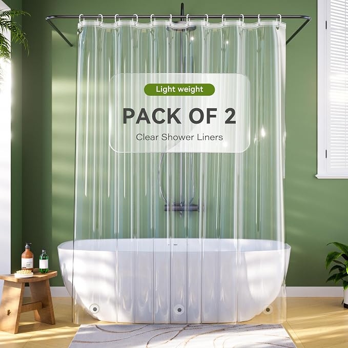 Clear Shower Curtain Liner 72x75 Inch Pack of 2, Lightweight PEVA Waterproof Shower Curtain with 3 Extra Strong Magnets & 12 Metal Grommets, Plastic Shower Liner for Bathroom, 72 x 75 Inches