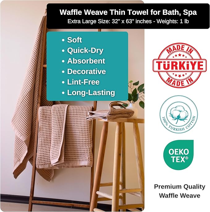 PÜSKÜL Pack of 2 Waffle Bath & Spa Towels - Premium 100% Turkish Organic Cotton - Quick Dry Thin Bath Towel for Bathroom - Made in Turkey (Beige, 32x63 inch)