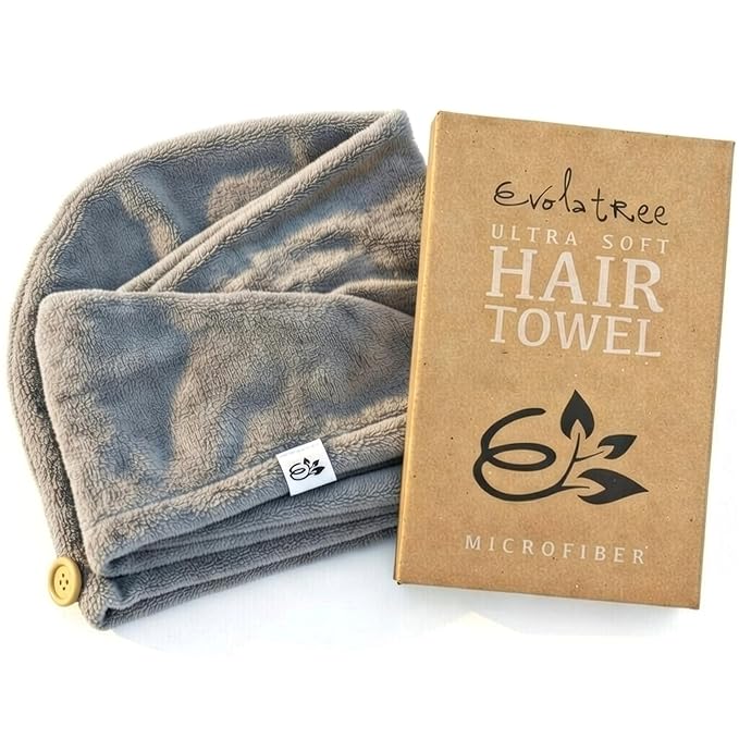 Evolatree Ultra Soft Microfiber Hair Towel Wrap with Wooden Button – Quick-Dry Anti-Frizz Turban for Women, Thoughtfully Designed for Mindful Hair Care – Gray
