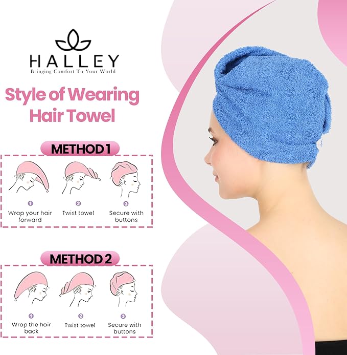 HALLEY Cotton Hair Towel Wrap (3 Packs) Super Absorbent Fast Drying Hair Towel for Thick Hair Turbans for Wet Hair with Button (Blue, White, Grey)