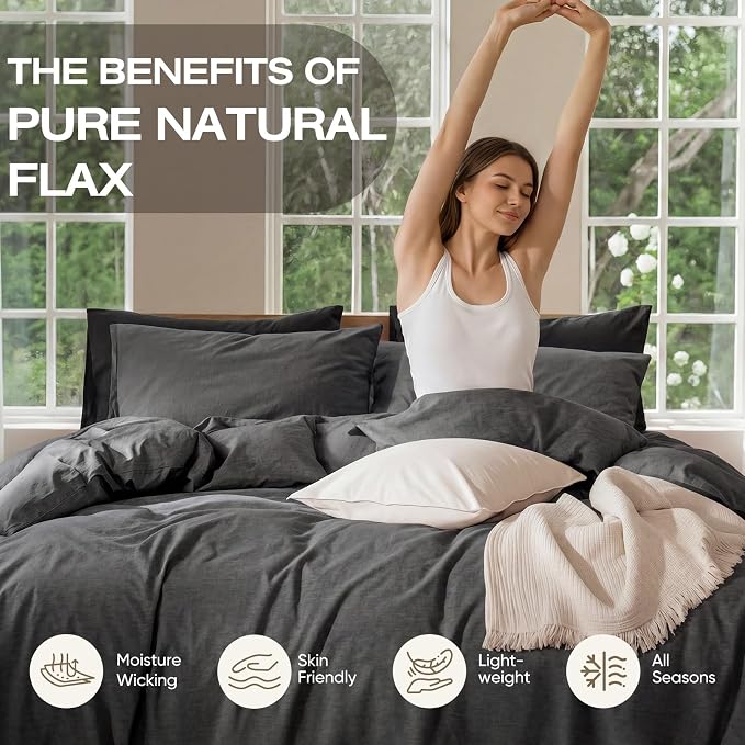 100% Pure French Flax Linen Blend Duvet Cover Set Queen Size, 3-Piece Breathable Bedding Set with Long Zipper Closure & Corner Ties, Soft, Lightweight & Durable Bedding Ideal for Hot Sleepers