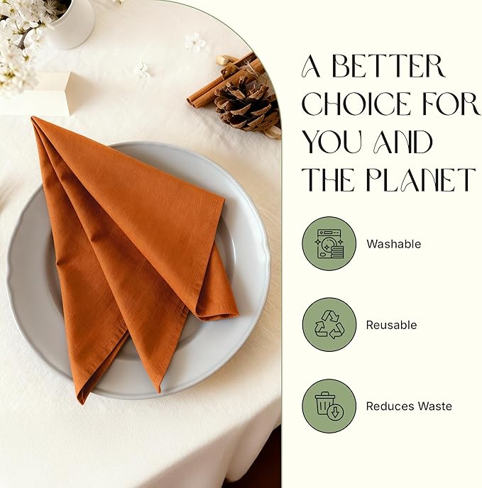 Cloth Napkins Set of 12, 100% Cotton Fabric Reusable Dinner Napkins, 18 x 18 Inch Washable Table & Kitchen Napkins for Everyday Dining, Entertaining, Home & Restaurant Use, Rust