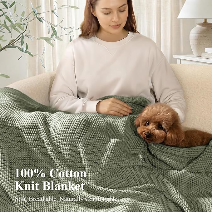100% Cotton Cable Knit Throw Blanket, Lightweight Soft Knit Blanket for Sofa Couch Bed, Breathable All-Season Throw, Cozy Decorative Blanket, 50 x 60 Inch,Sage