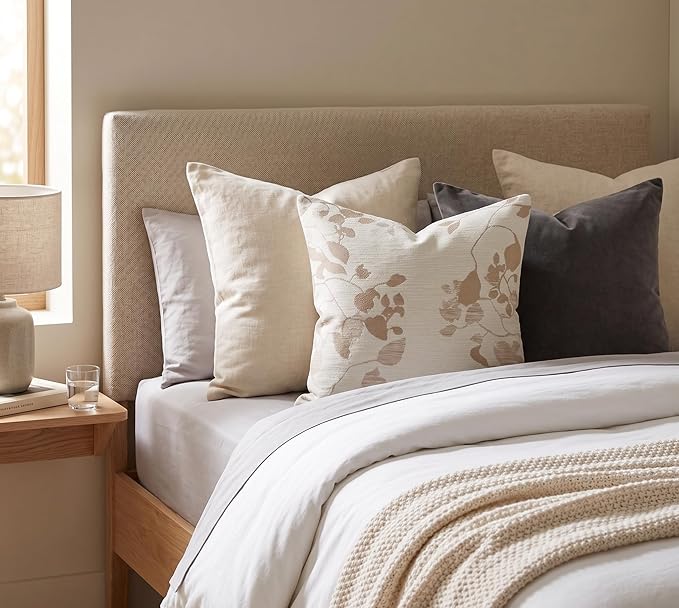 SanVia Cotton Throw Pillow Covers 20x20 – Handwoven Jacquard Texture, Fade-Resistant, No Pilling – Hidden Zipper, Decorative Cushion Cover for Sofa, Couch, Bed – Insert Not Included (Floral, Beige)