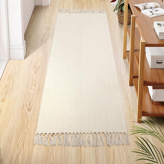 Lahome Belle Boho Kitchen Runner, 2x6 Laundry Room Rug Lightweight Runners for Hallways Washable Runner Rug with Tassels, Farmhouse Cotton Beige Throw Rugs Non Shedding Carpet for Entryway Bathroom