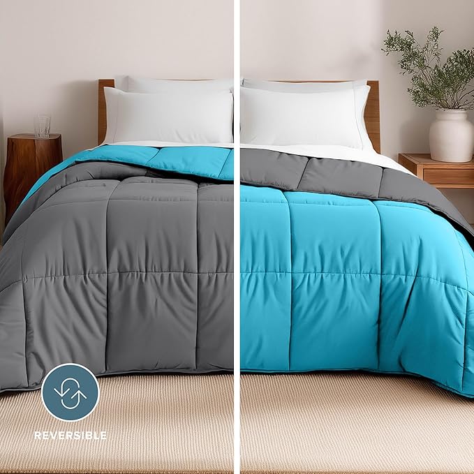 Bare Home Queen Comforter - Reversible Colors - Goose Down Alternative - Ultra-Soft - Premium 1800 Series - All Season Warmth - Bedding Comforter (Queen, Grey/Aqua)