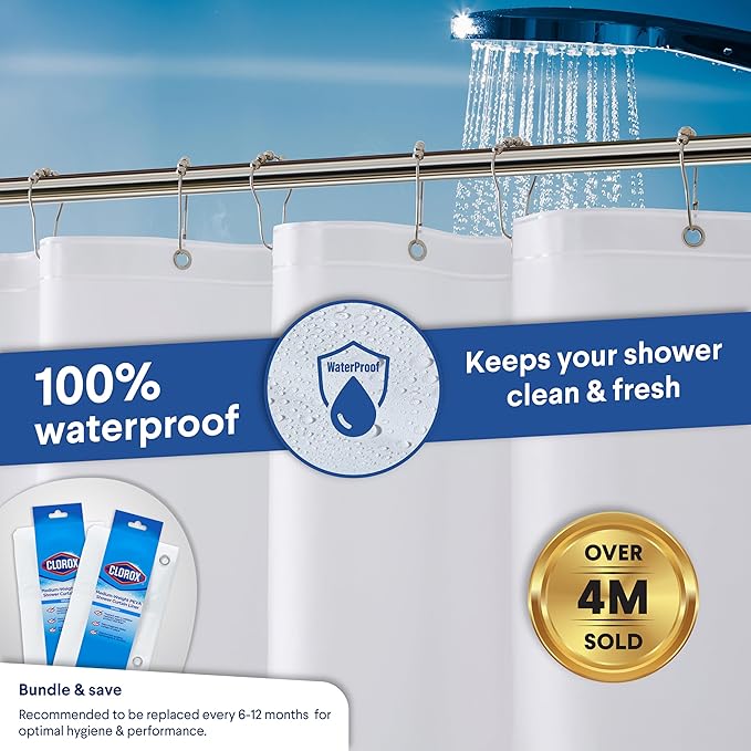 Clorox Shower Curtain Liner, Premium Lightweight Flexible Waterproof 6g PEVA for Bathroom with Weighted Magnets, Standard Size 72" x 72", White 2 Pack