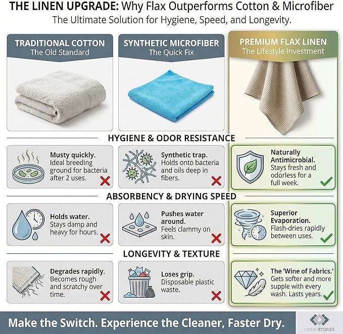 100% European Linen Hand Towels for Kitchen & Bath - Set of 2 - Waffle Weave, Highly Absorbent & Quick-Dry - 14 x 28 in - Stone Washed Flax