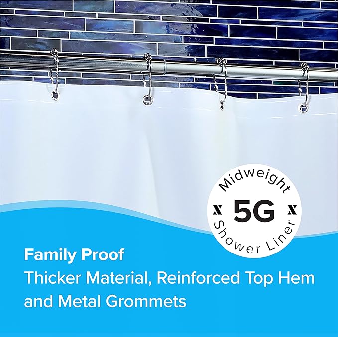 SlipX Solutions Protected Shower Curtain Liner, 5G Thicker Liner, 70"x72", White