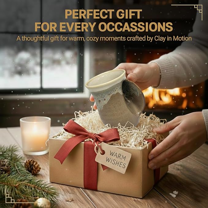 Clay in Motion Hand Warmer Coffee Mug – Handmade Coffee Mug With Comfortable Handle Contoured Pocket Hand Warming Ceramic Coffee Mug – Proudly Made in USA – Right Handed – 14 Oz - Desert Sand