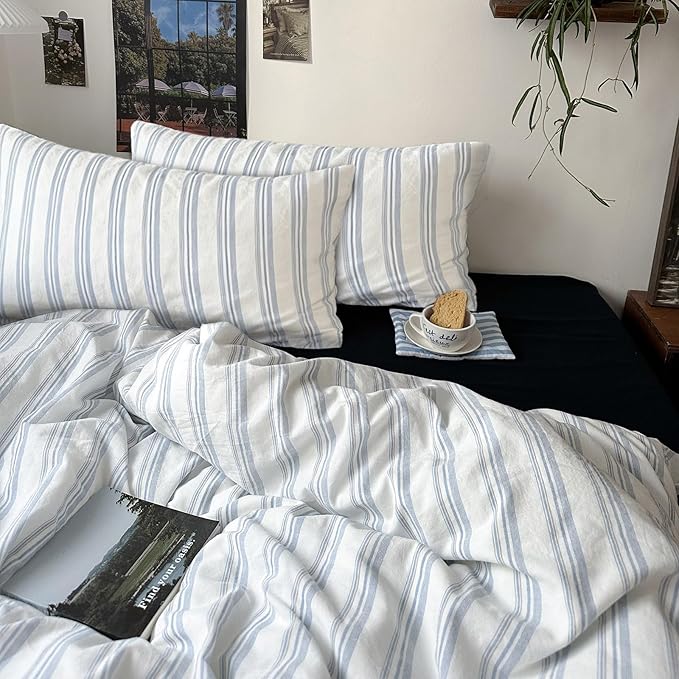 mixinni Vintage Blue & White Striped Duvet Cover Set - 3 Piece 100% Washed Cotton Twin XL Size Bedding | Minimalist Relaxed Style | Ultra Soft Breathable, with Zipper Closure & Corner Ties