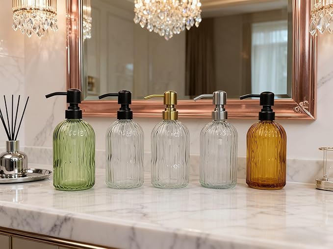 16Oz Green Glass Soap Dispenser with Rust Proof Bronze Stainless Steel Pump, Green Countertop Refillable Liquid Lotion Dispensers with Stainless Steel Pump, Oil Rubbed Bronze Soap Dispenser,2 Packs
