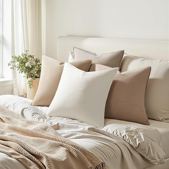 Pack of 4 Decorative Linen Pillow Covers 18x18 Natural Boho Couch Throw Pillows for Bed Accent Modern Pillowcase for Sofa Livingroom Bed and Balcony Home Decor