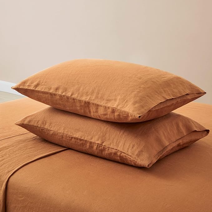 ATLINIA 100% Pure Flax Linen Bedding Set - Stone Washed French Linen Fabric Deep Pocket Fitted Sheet Farmhouse Flat Sheet 2 Pillowcases (Rust, California King)