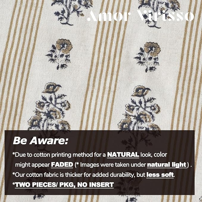 Amor Virisso Floral Throw Pillow Covers 18x18 Set of 2 Block Print Pillow Covers Neutral Floral Striped Farmhouse Decorative Pillow Covers for Sofa Couch Bed, Yellow