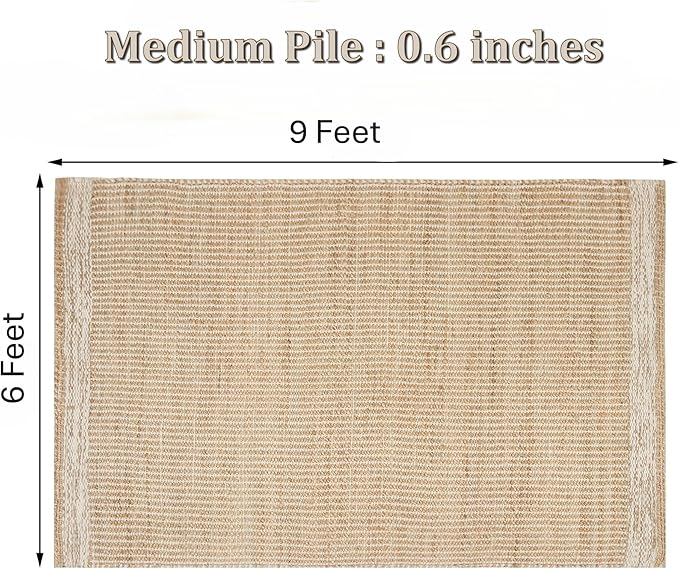 6' x 9' Jute & Wool Mini Check Area Rug with 4-Inch Border | Handwoven, Pile - 0.6"| Living Room, Dining & Bedroom Rug, Neutral Indoor Natural Farmhouse Décor (6' x 9')