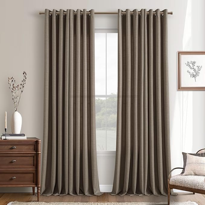 Chocolate Brown Semi Sheer Curtains 2 Panels Set Flax Linen Bronze Grommet Light Filtering Privacy Drapes Rustic Vintage Farmhouse Floor To Ceiling 112 Inch Long Curtains for Living Room 52x112